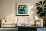 Vibrance by Jeanette Vertentes. Displayed in a glass frame with matte in a clean modern living room. Available as an archival giclee rolled canvas, fine art paper, or poster print. SKU 54410a.