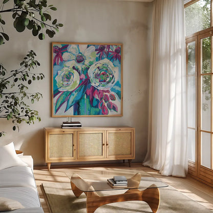 Vision Jewel Crop by Jeanette Vertentes. Shown in a natural wood frame in a cozy modern living room. Available as an archival giclee rolled canvas, fine art paper, or poster print. SKU 68849a.