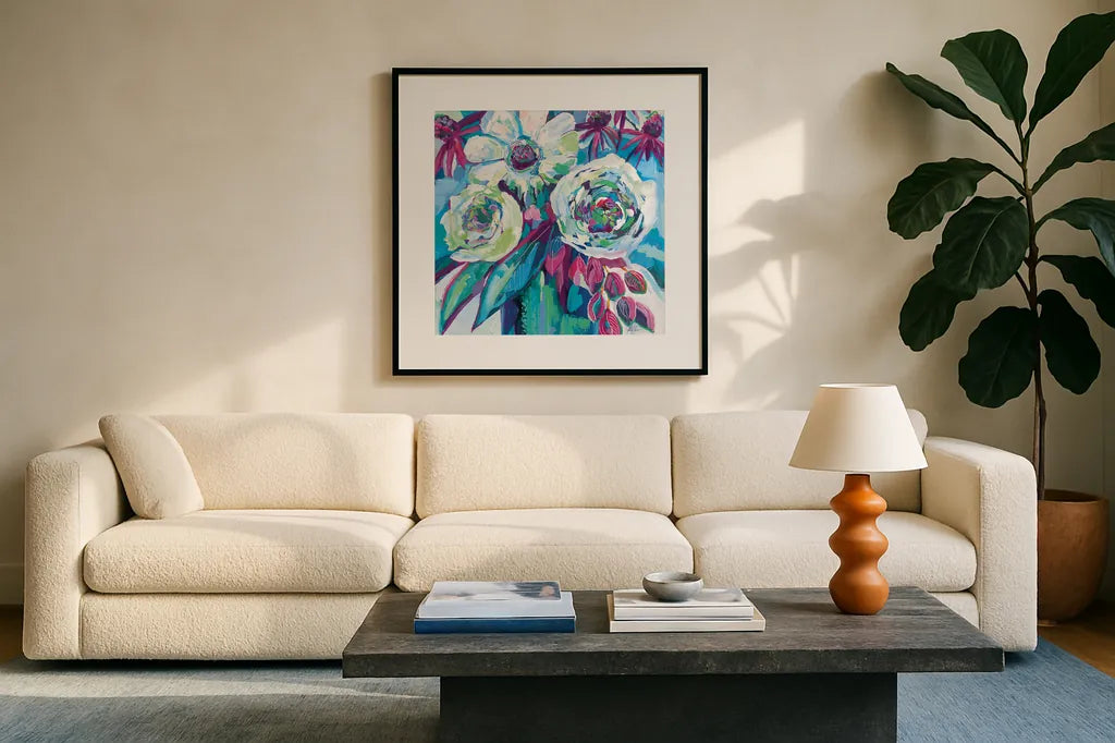 Vision Jewel Crop by Jeanette Vertentes. Displayed in a glass frame with matte in a clean modern living room. Available as an archival giclee rolled canvas, fine art paper, or poster print. SKU 68849a.