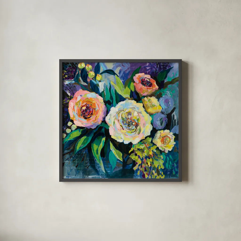 Walk in the Garden by Jeanette Vertentes. Shown in a sleek black glass frame for a contemporary gallery look. Available as an archival giclee rolled canvas, fine art paper, or poster print. SKU 53178a.