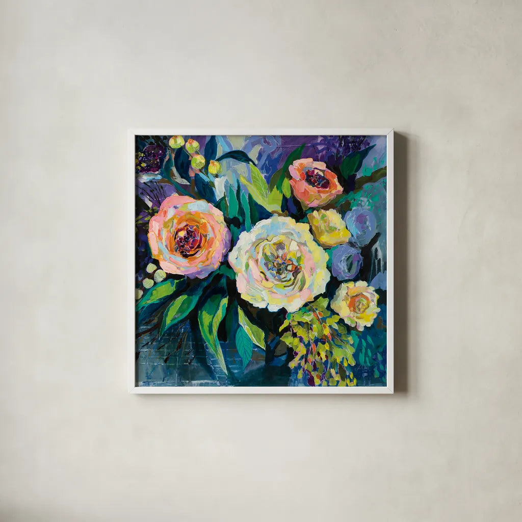 Walk in the Garden by Jeanette Vertentes. Shown in a crisp white glass frame for a clean and minimalist style. Available as an archival giclee rolled canvas, fine art paper, or poster print. SKU 53178a.