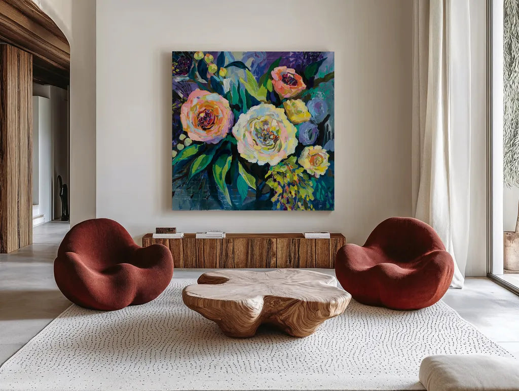 Walk in the Garden by Jeanette Vertentes. Shown as extra-large giant wall art in a modern living room. Available as an archival giclee rolled canvas, fine art paper, or poster print. SKU 53178a.