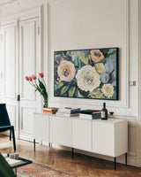 Walk in the Garden Neutral Crop by Jeanette Vertentes. shown as a framed stretched canvas in a living room above a console. Available as a archival giclee rolled canvas, fine art paper, or poster print. SKU 61599i.