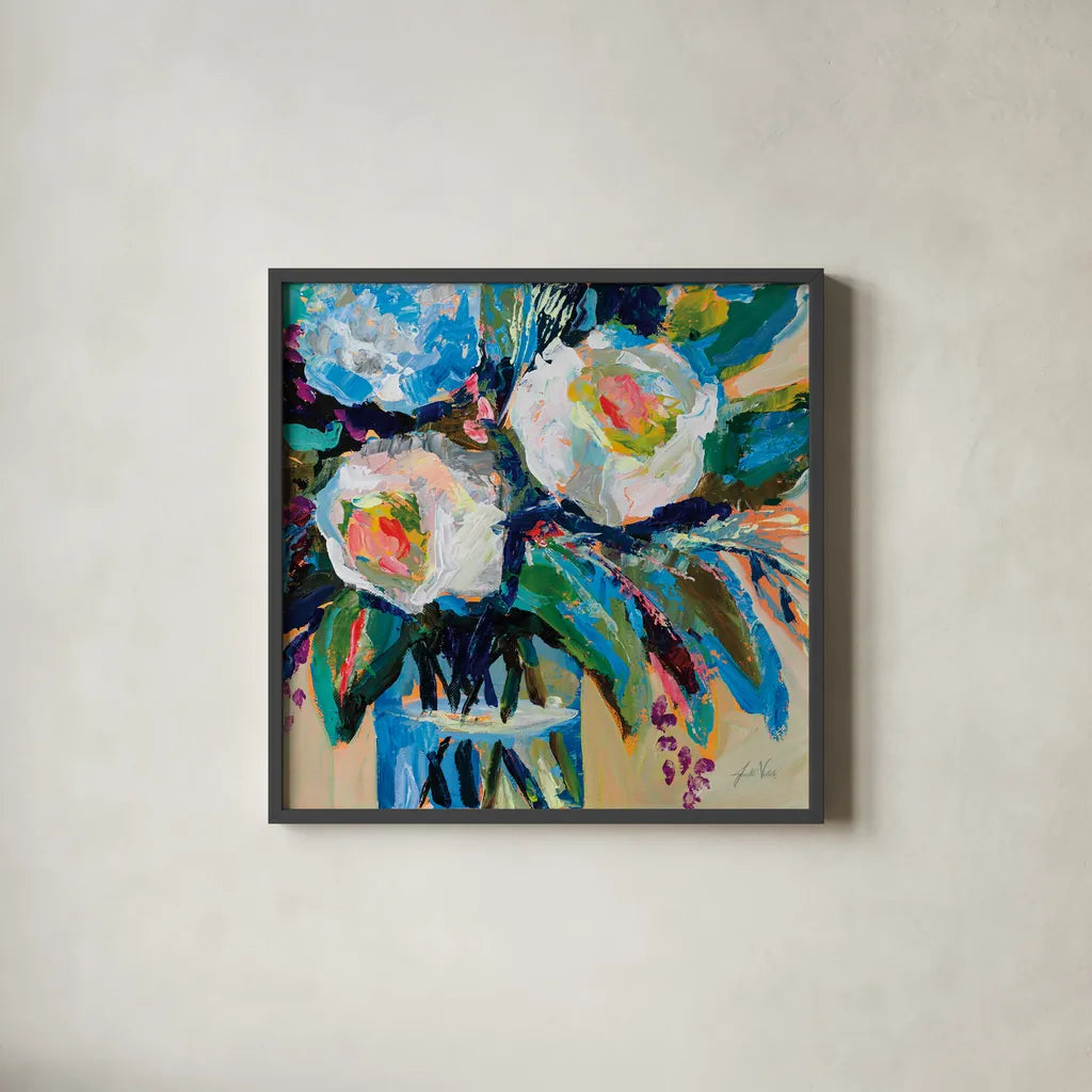 Wall Flowers by Jeanette Vertentes. Shown in a sleek black glass frame for a contemporary gallery look. Available as an archival giclee rolled canvas, fine art paper, or poster print. SKU 80582a.