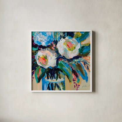 Wall Flowers by Jeanette Vertentes. Shown in a crisp white glass frame for a clean and minimalist style. Available as an archival giclee rolled canvas, fine art paper, or poster print. SKU 80582a.