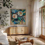 Wall Flowers by Jeanette Vertentes. Shown in a natural wood frame in a cozy modern living room. Available as an archival giclee rolled canvas, fine art paper, or poster print. SKU 80582a.