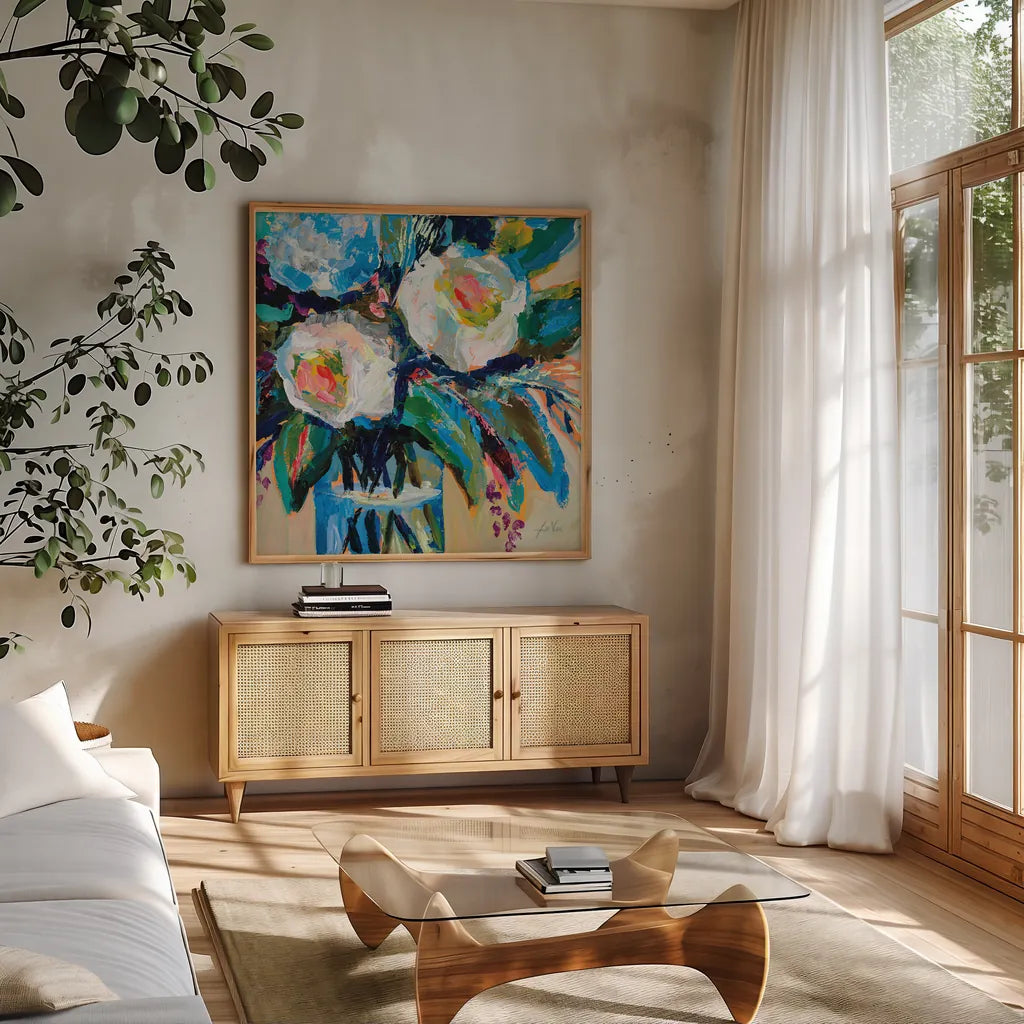 Wall Flowers by Jeanette Vertentes. Shown in a natural wood frame in a cozy modern living room. Available as an archival giclee rolled canvas, fine art paper, or poster print. SKU 80582a.