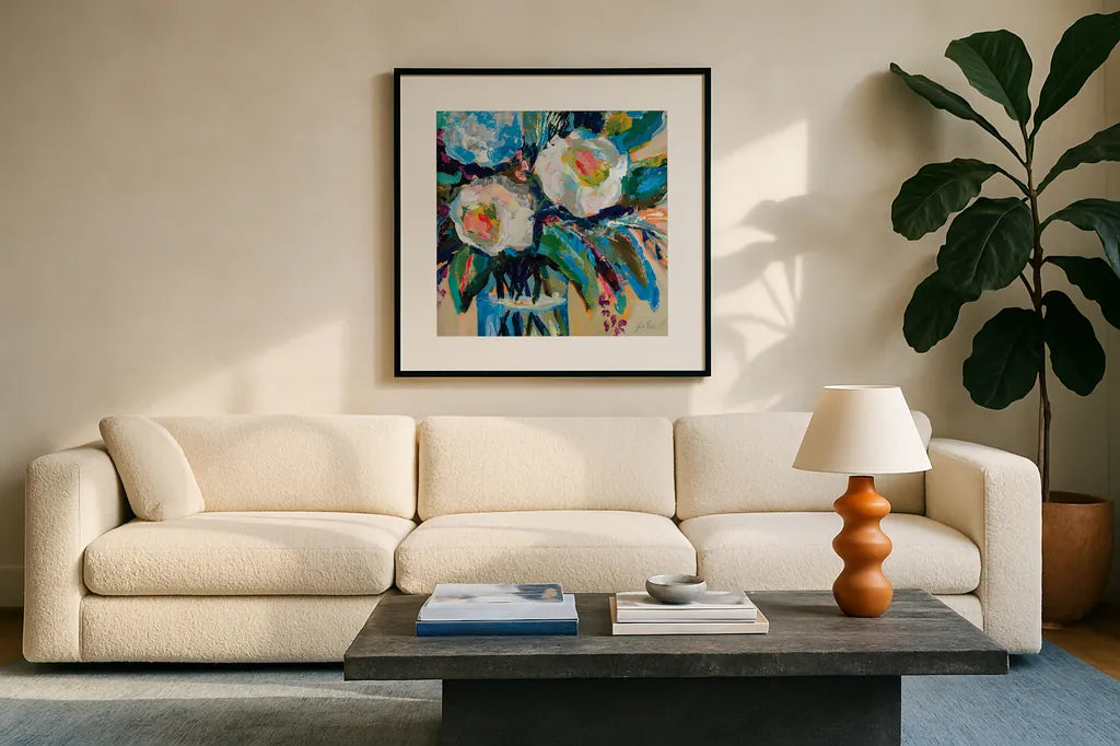 Wall Flowers by Jeanette Vertentes. Displayed in a glass frame with matte in a clean modern living room. Available as an archival giclee rolled canvas, fine art paper, or poster print. SKU 80582a.