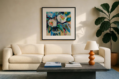 Wall Flowers by Jeanette Vertentes. Displayed in a glass frame with matte in a clean modern living room. Available as an archival giclee rolled canvas, fine art paper, or poster print. SKU 80582a.