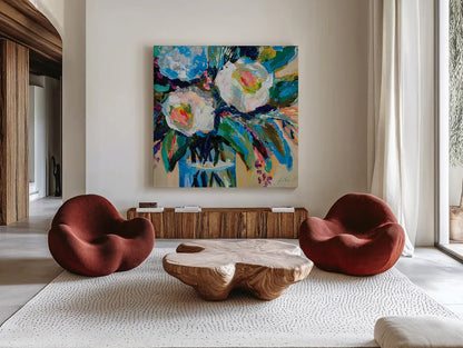 Wall Flowers by Jeanette Vertentes. Shown as extra-large giant wall art in a modern living room. Available as an archival giclee rolled canvas, fine art paper, or poster print. SKU 80582a.
