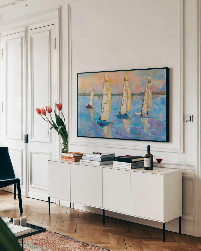 Watch Hill 15s by Jeanette Vertentes. shown as a framed stretched canvas in a living room above a console. Available as a archival giclee rolled canvas, fine art paper, or poster print. SKU 72929i.