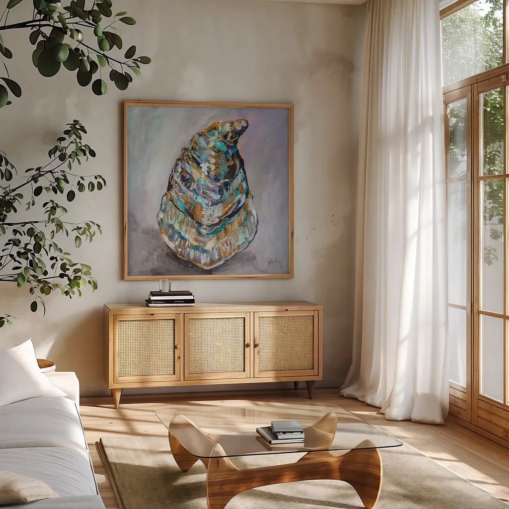 Watermark by Jeanette Vertentes. Shown in a natural wood frame in a cozy modern living room. Available as an archival giclee rolled canvas, fine art paper, or poster print. SKU 83414a.