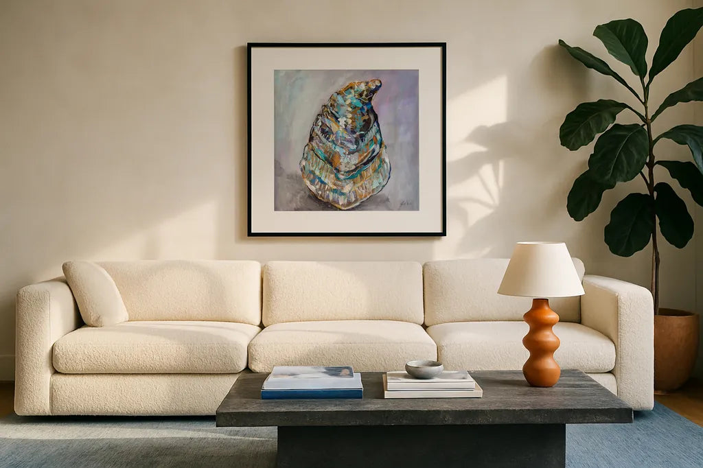 Watermark by Jeanette Vertentes. Displayed in a glass frame with matte in a clean modern living room. Available as an archival giclee rolled canvas, fine art paper, or poster print. SKU 83414a.