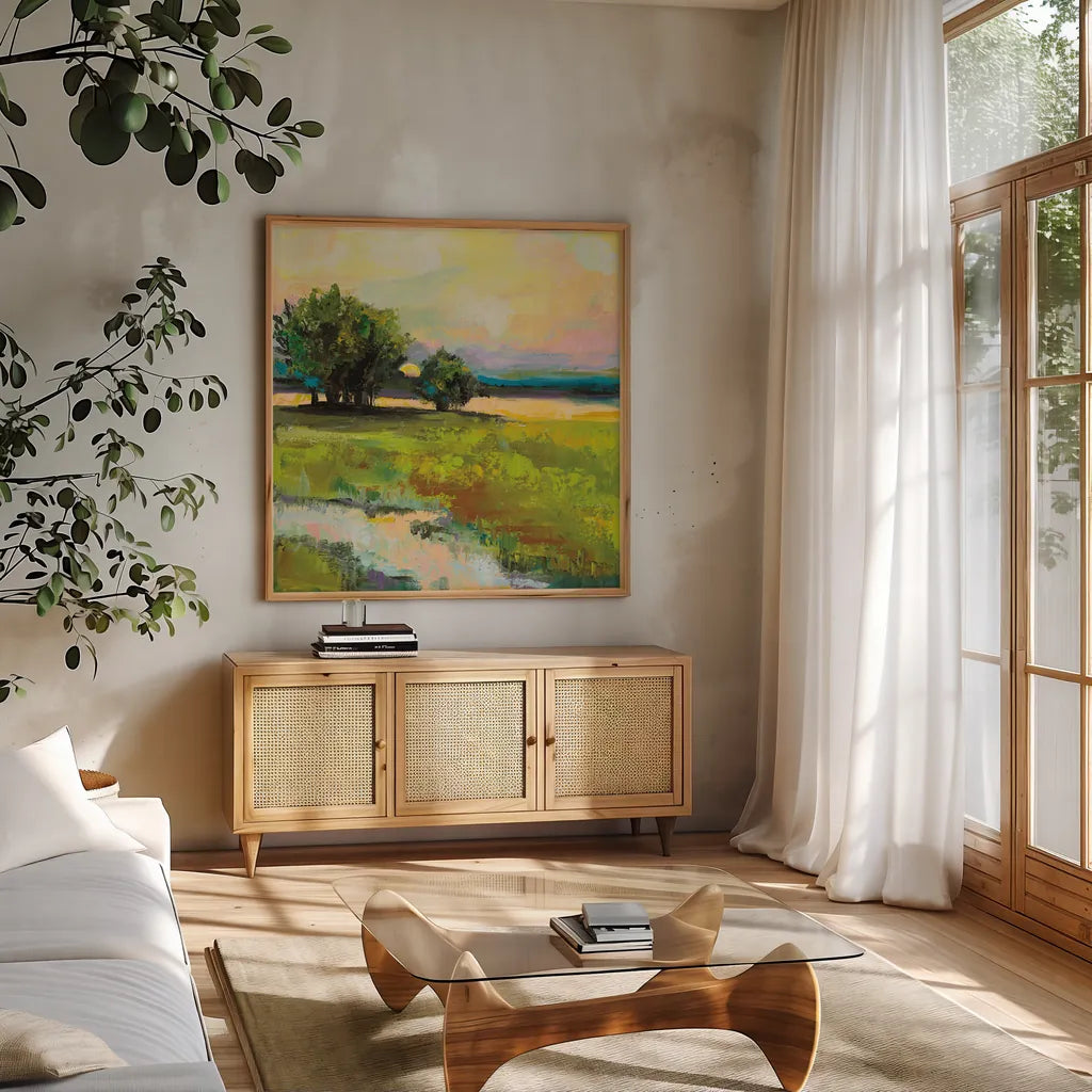 Weekapaug Inn by Jeanette Vertentes. Shown in a natural wood frame in a cozy modern living room. Available as an archival giclee rolled canvas, fine art paper, or poster print. SKU 53187a.