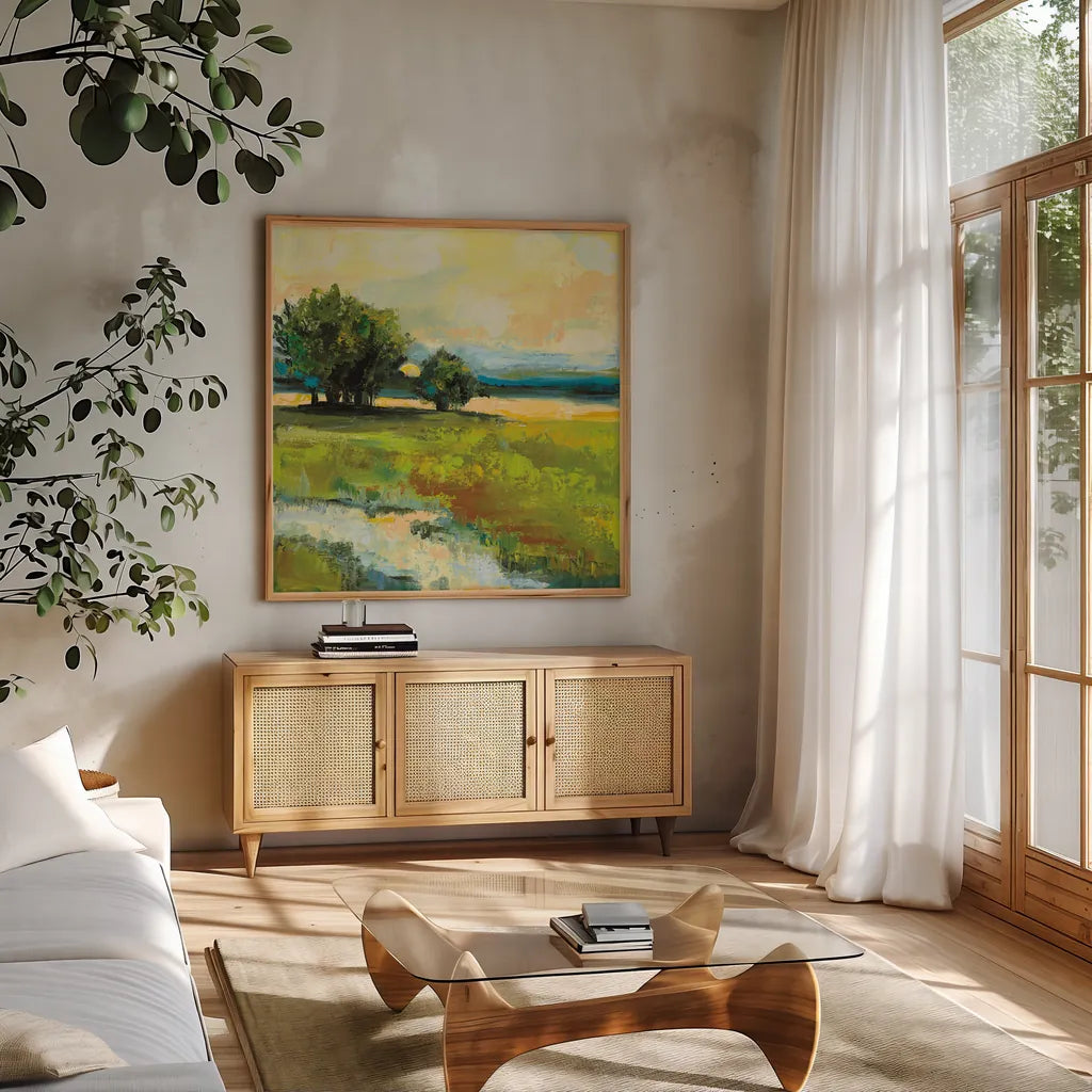 Weekapaug Inn v2 by Jeanette Vertentes. Shown in a natural wood frame in a cozy modern living room. Available as an archival giclee rolled canvas, fine art paper, or poster print. SKU 56596a.