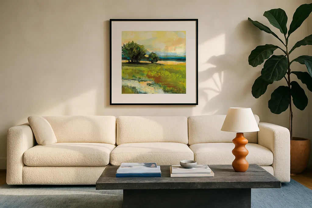 Weekapaug Inn v2 by Jeanette Vertentes. Displayed in a glass frame with matte in a clean modern living room. Available as an archival giclee rolled canvas, fine art paper, or poster print. SKU 56596a.