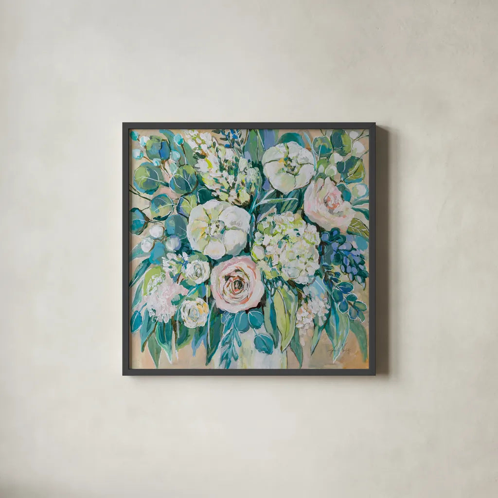 White Wedding by Jeanette Vertentes. Shown in a sleek black glass frame for a contemporary gallery look. Available as an archival giclee rolled canvas, fine art paper, or poster print. SKU 74839a.