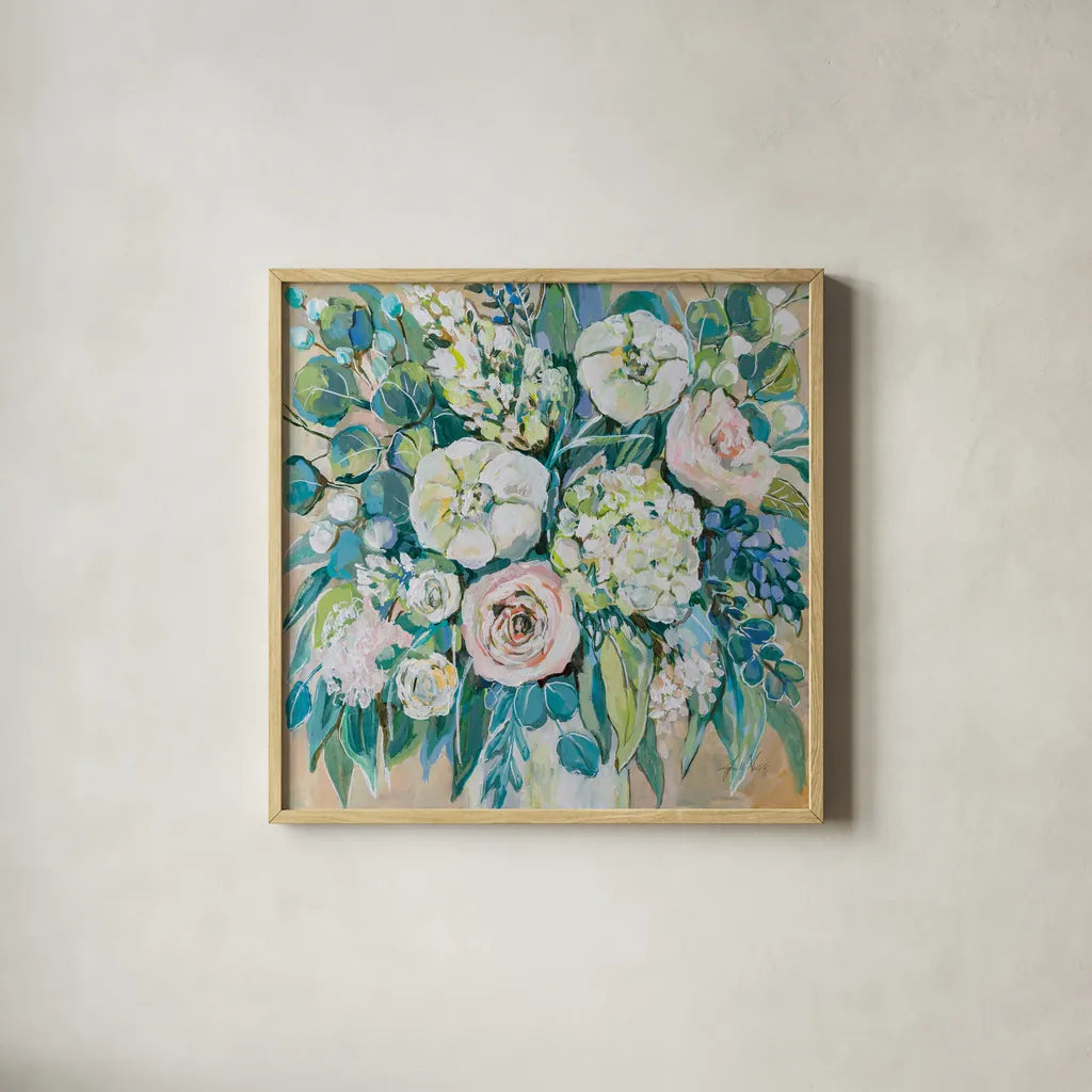 White Wedding by Jeanette Vertentes. Shown in a natural wood glass frame for a timeless modern aesthetic. Available as an archival giclee rolled canvas, fine art paper, or poster print. SKU 74839a.