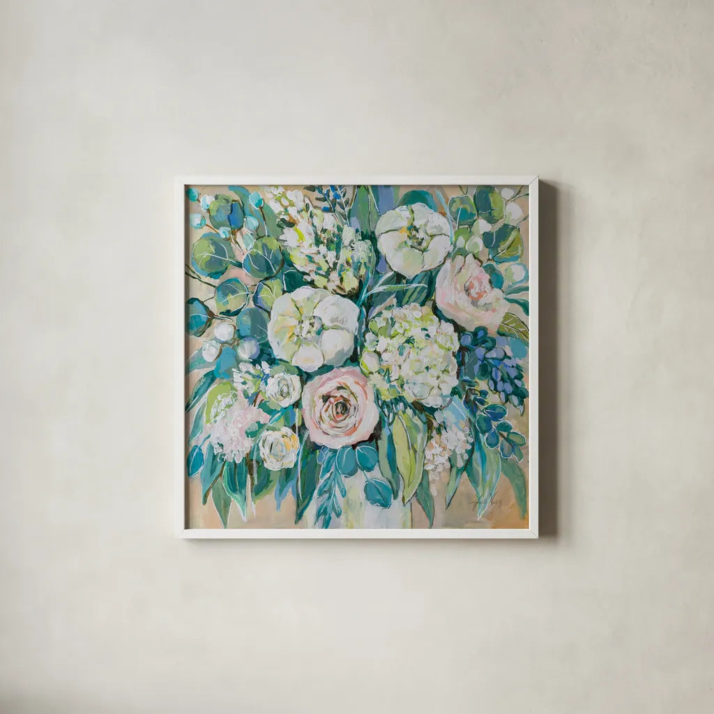 White Wedding by Jeanette Vertentes. Shown in a crisp white glass frame for a clean and minimalist style. Available as an archival giclee rolled canvas, fine art paper, or poster print. SKU 74839a.
