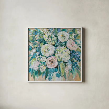 White Wedding by Jeanette Vertentes. Shown in a crisp white glass frame for a clean and minimalist style. Available as an archival giclee rolled canvas, fine art paper, or poster print. SKU 74839a.