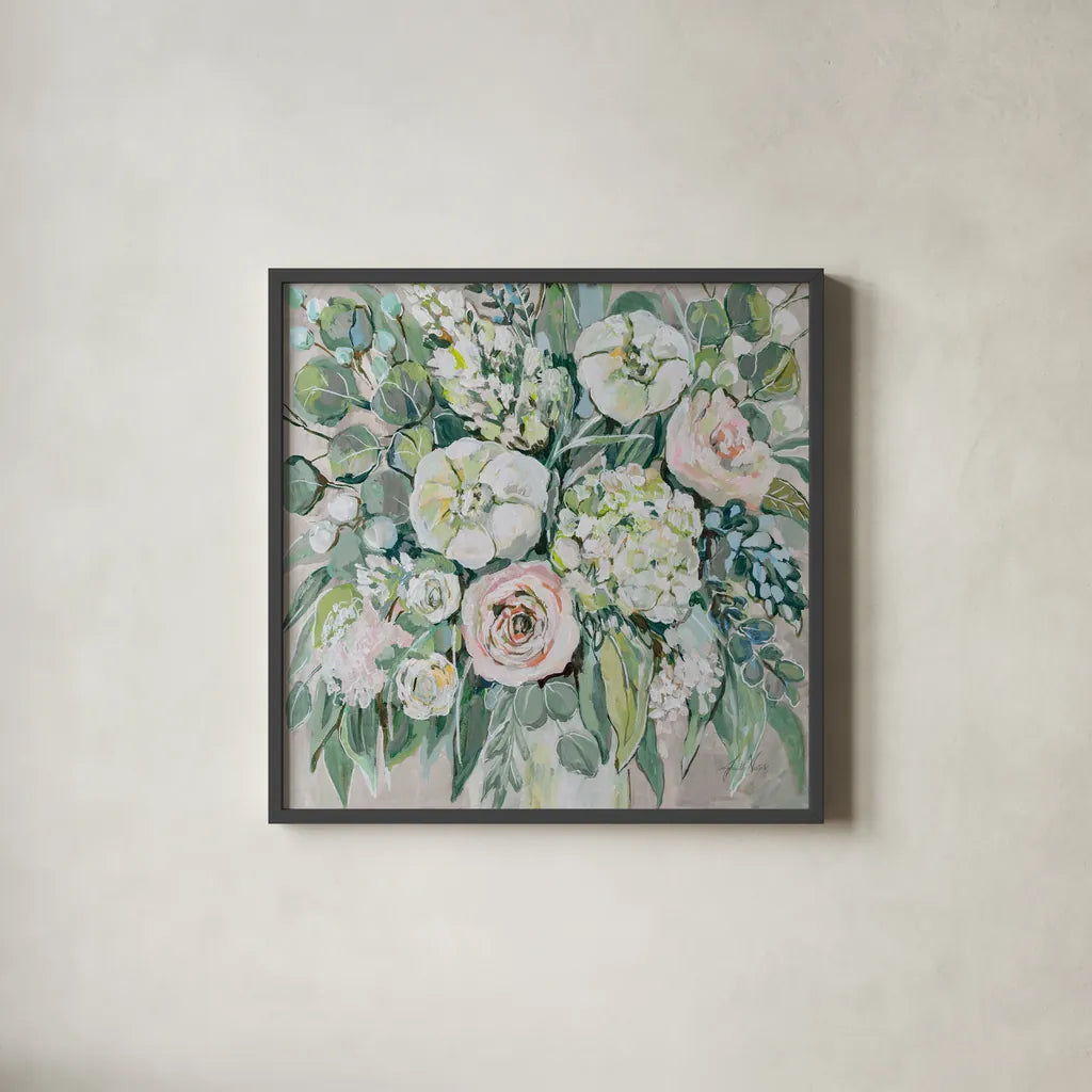 White Wedding on Gray by Jeanette Vertentes. Shown in a sleek black glass frame for a contemporary gallery look. Available as an archival giclee rolled canvas, fine art paper, or poster print. SKU 76391a.