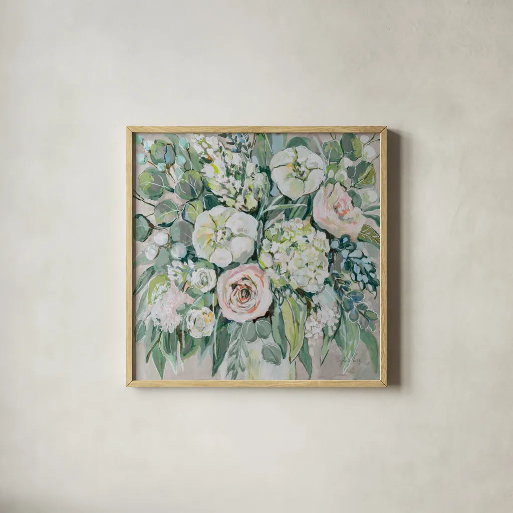 White Wedding on Gray by Jeanette Vertentes. Shown in a natural wood glass frame for a timeless modern aesthetic. Available as an archival giclee rolled canvas, fine art paper, or poster print. SKU 76391a.