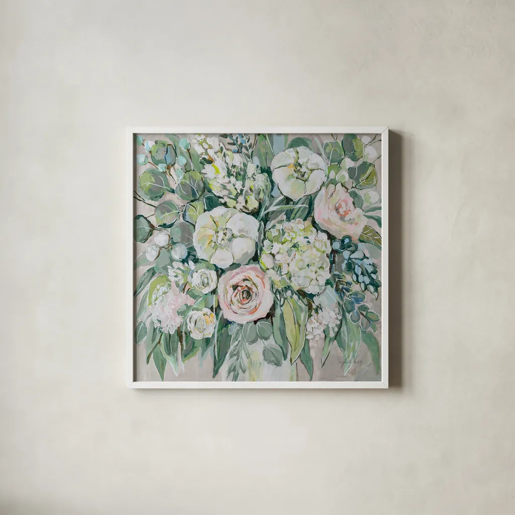 White Wedding on Gray by Jeanette Vertentes. Shown in a crisp white glass frame for a clean and minimalist style. Available as an archival giclee rolled canvas, fine art paper, or poster print. SKU 76391a.