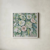 White Wedding on Gray by Jeanette Vertentes. Shown in a crisp white glass frame for a clean and minimalist style. Available as an archival giclee rolled canvas, fine art paper, or poster print. SKU 76391a.