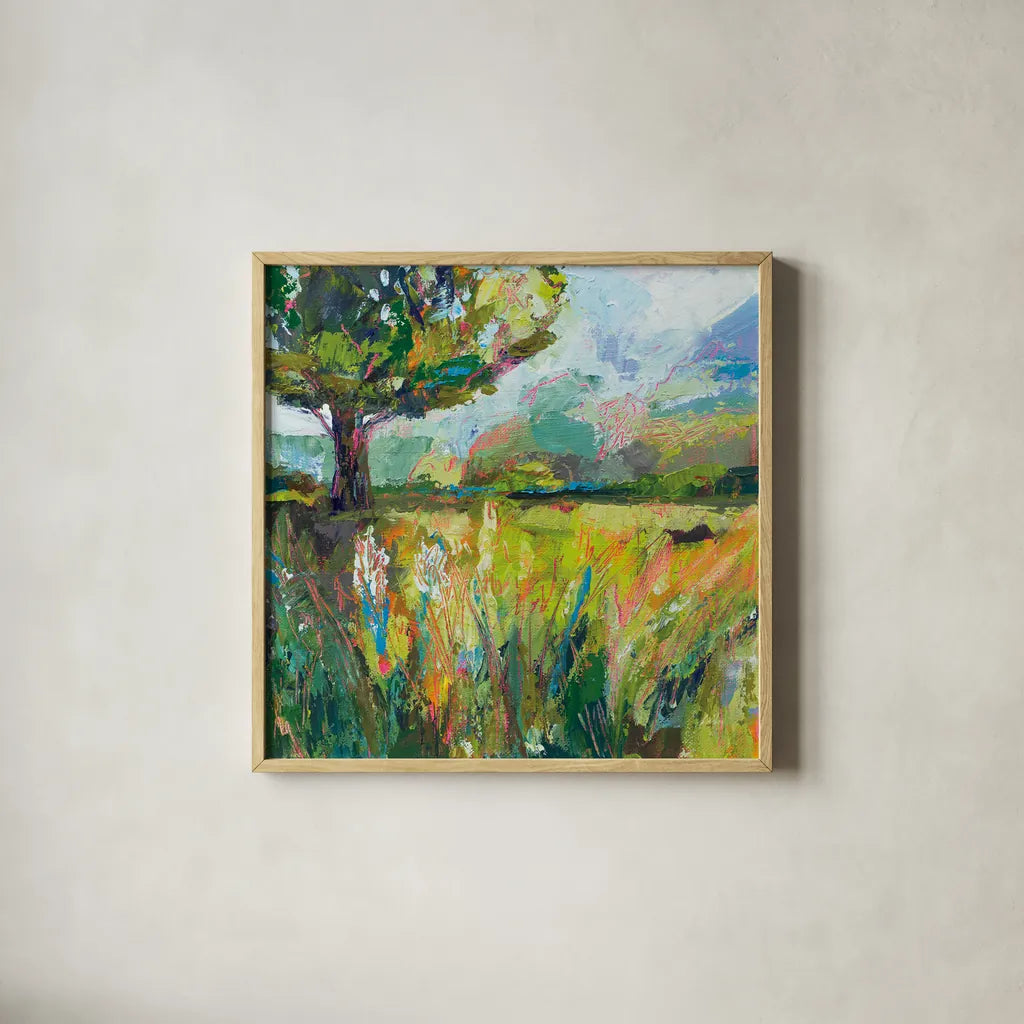 Wildflowers by Jeanette Vertentes. Shown in a natural wood glass frame for a timeless modern aesthetic. Available as an archival giclee rolled canvas, fine art paper, or poster print. SKU 59578a.