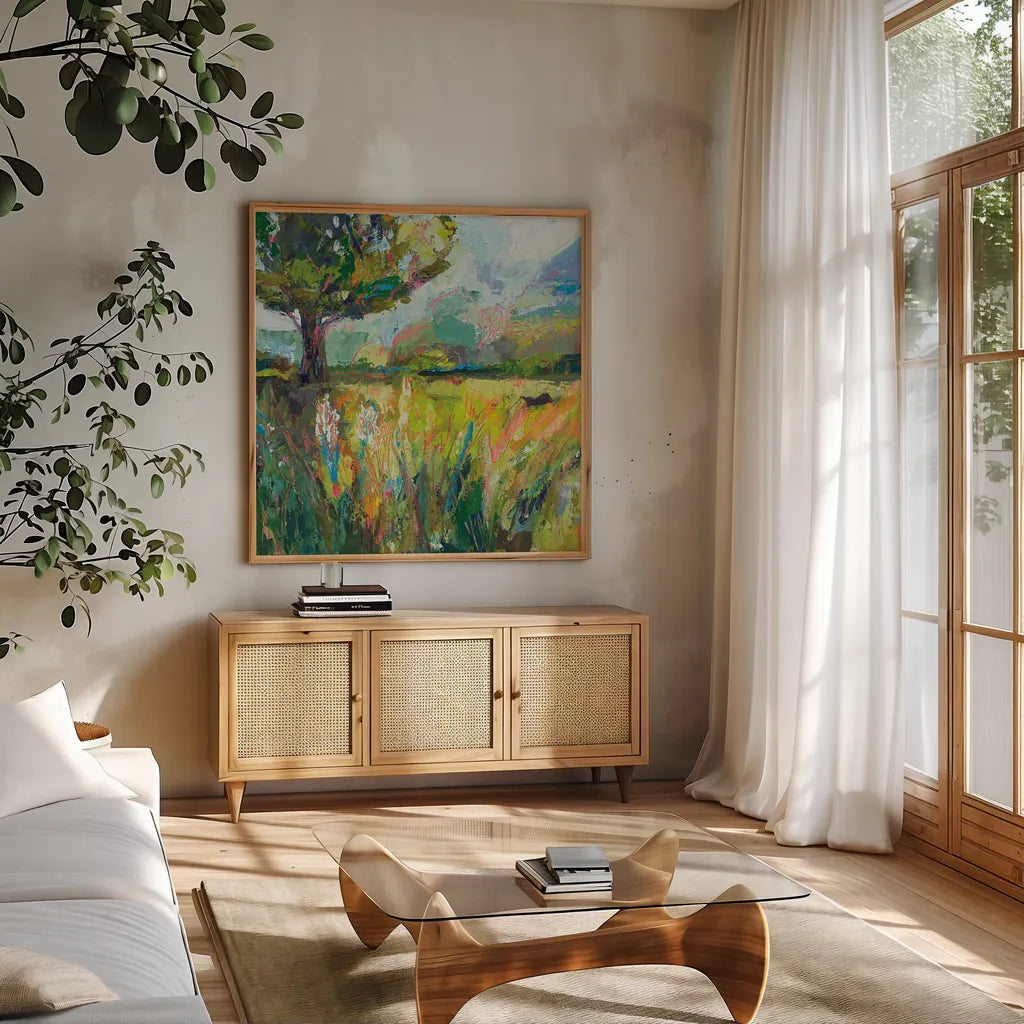 Wildflowers by Jeanette Vertentes. Shown in a natural wood frame in a cozy modern living room. Available as an archival giclee rolled canvas, fine art paper, or poster print. SKU 59578a.