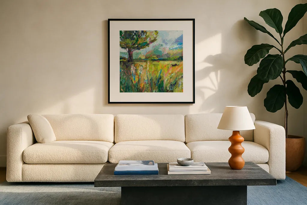 Wildflowers by Jeanette Vertentes. Displayed in a glass frame with matte in a clean modern living room. Available as an archival giclee rolled canvas, fine art paper, or poster print. SKU 59578a.