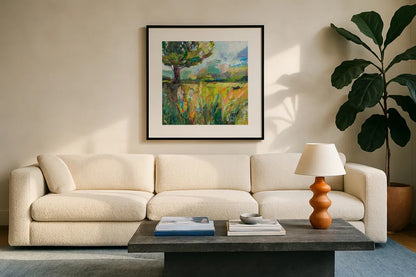 Wildflowers by Jeanette Vertentes. Displayed in a glass frame with matte in a clean modern living room. Available as an archival giclee rolled canvas, fine art paper, or poster print. SKU 59578a.