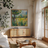 Wildflowers v2 by Jeanette Vertentes. Shown in a natural wood frame in a cozy modern living room. Available as an archival giclee rolled canvas, fine art paper, or poster print. SKU 61332a.