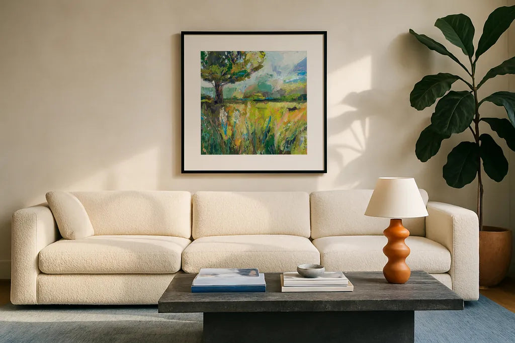 Wildflowers v2 by Jeanette Vertentes. Displayed in a glass frame with matte in a clean modern living room. Available as an archival giclee rolled canvas, fine art paper, or poster print. SKU 61332a.