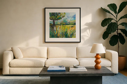 Wildflowers v2 by Jeanette Vertentes. Displayed in a glass frame with matte in a clean modern living room. Available as an archival giclee rolled canvas, fine art paper, or poster print. SKU 61332a.