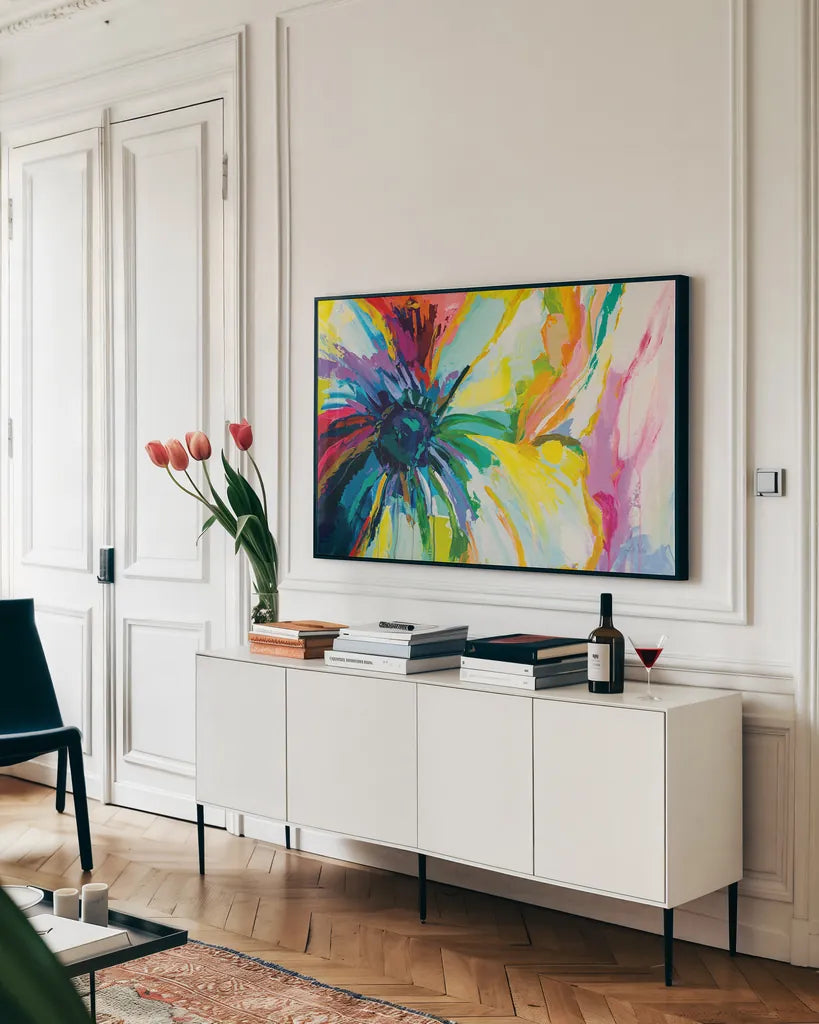 Winsome Crop by Jeanette Vertentes. shown as a framed stretched canvas in a living room above a console. Available as a archival giclee rolled canvas, fine art paper, or poster print. SKU 64386i.