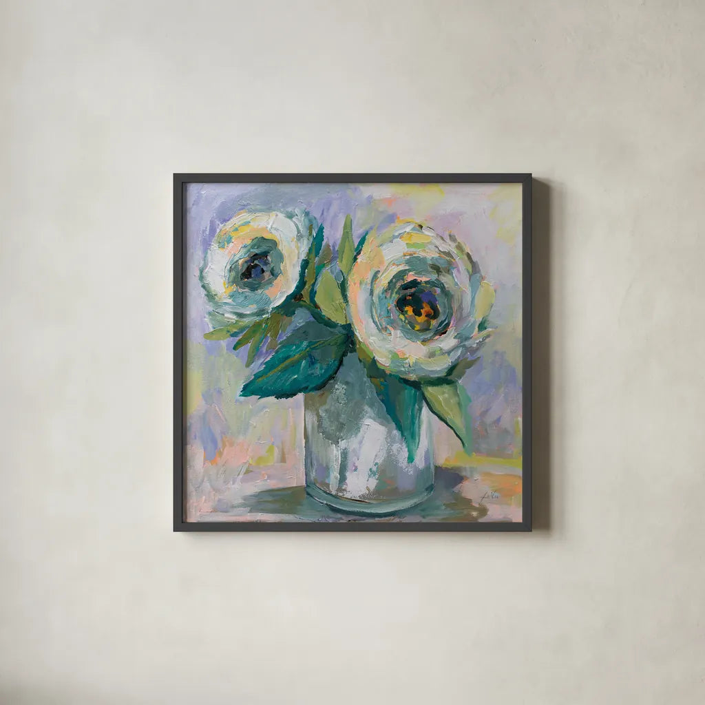 Winter Bouquet by Jeanette Vertentes. Shown in a sleek black glass frame for a contemporary gallery look. Available as an archival giclee rolled canvas, fine art paper, or poster print. SKU 59211a.