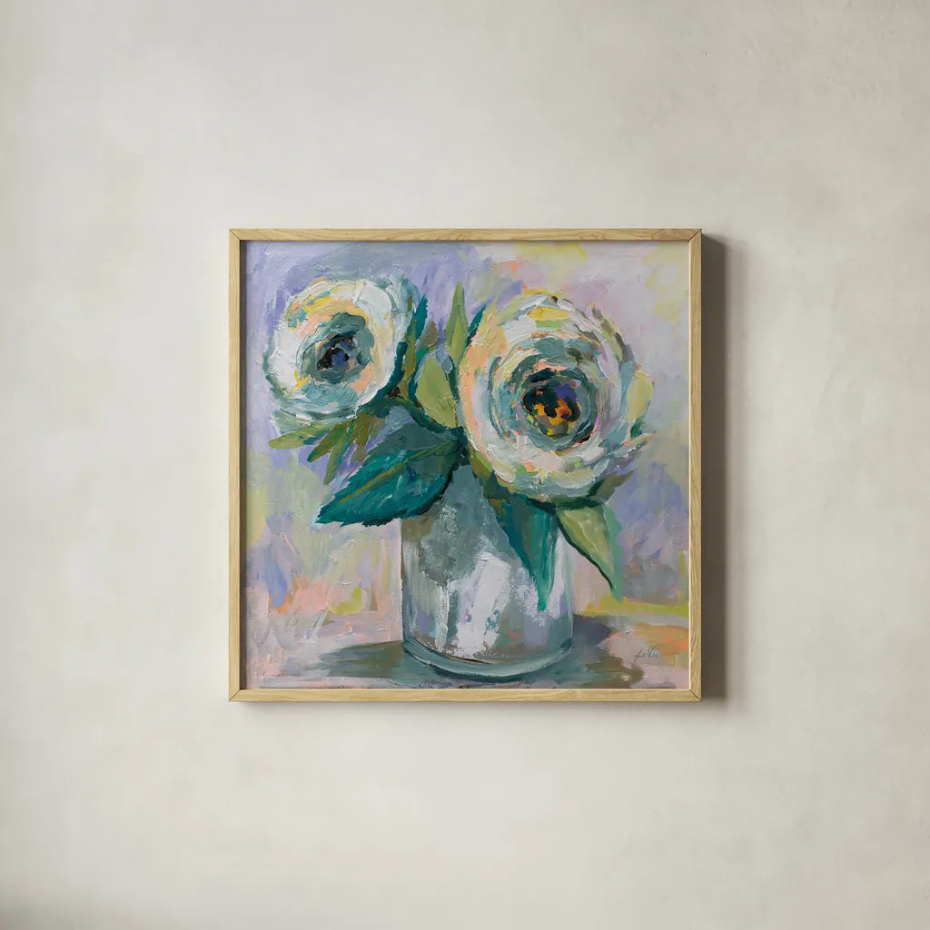 Winter Bouquet by Jeanette Vertentes. Shown in a natural wood glass frame for a timeless modern aesthetic. Available as an archival giclee rolled canvas, fine art paper, or poster print. SKU 59211a.