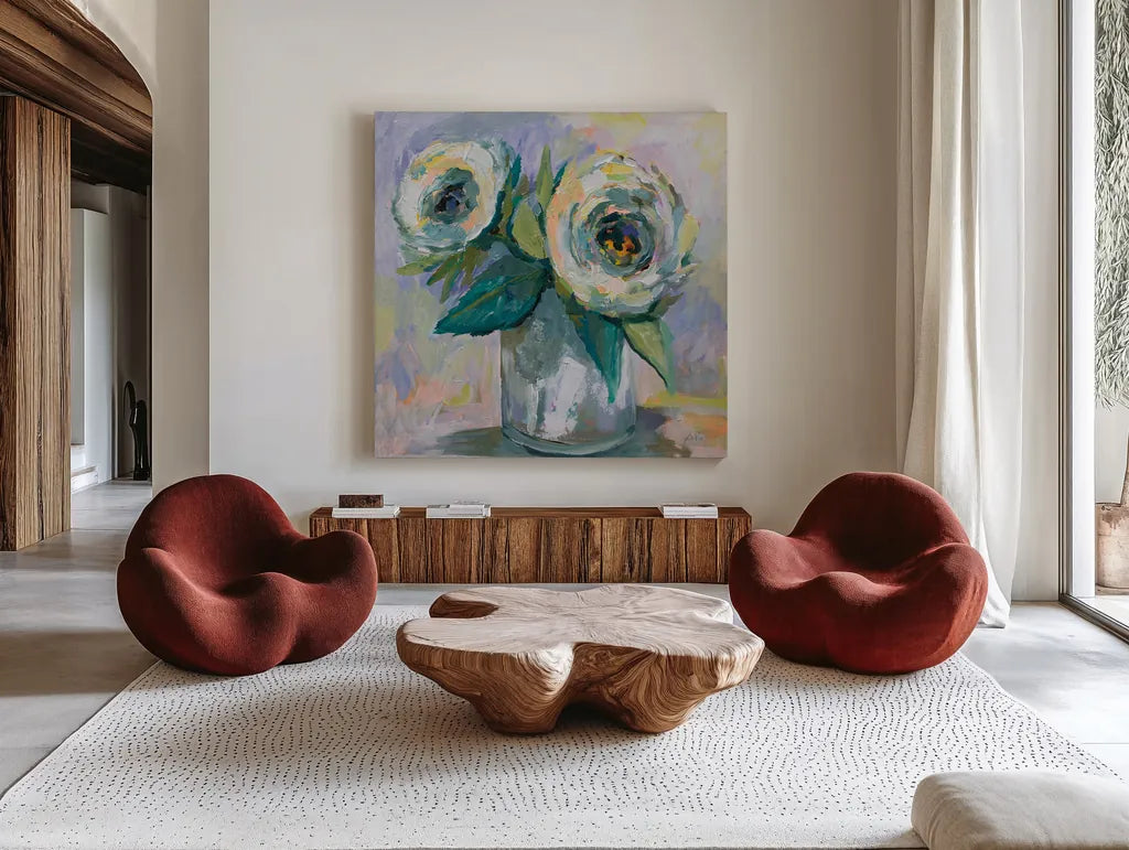 Winter Bouquet by Jeanette Vertentes. Shown as extra-large giant wall art in a modern living room. Available as an archival giclee rolled canvas, fine art paper, or poster print. SKU 59211a.