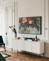 Winter Floral Crop by Jeanette Vertentes. shown as a framed stretched canvas in a living room above a console. Available as a archival giclee rolled canvas, fine art paper, or poster print. SKU 49137i.