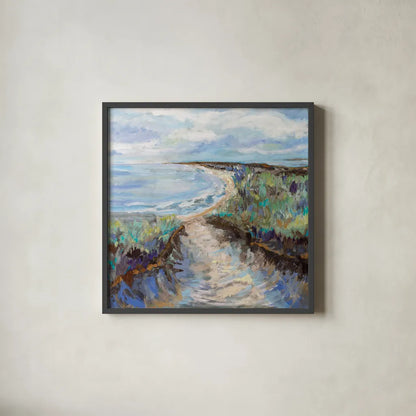 Winter Walk by Jeanette Vertentes. Shown in a sleek black glass frame for a contemporary gallery look. Available as an archival giclee rolled canvas, fine art paper, or poster print. SKU 85011a.