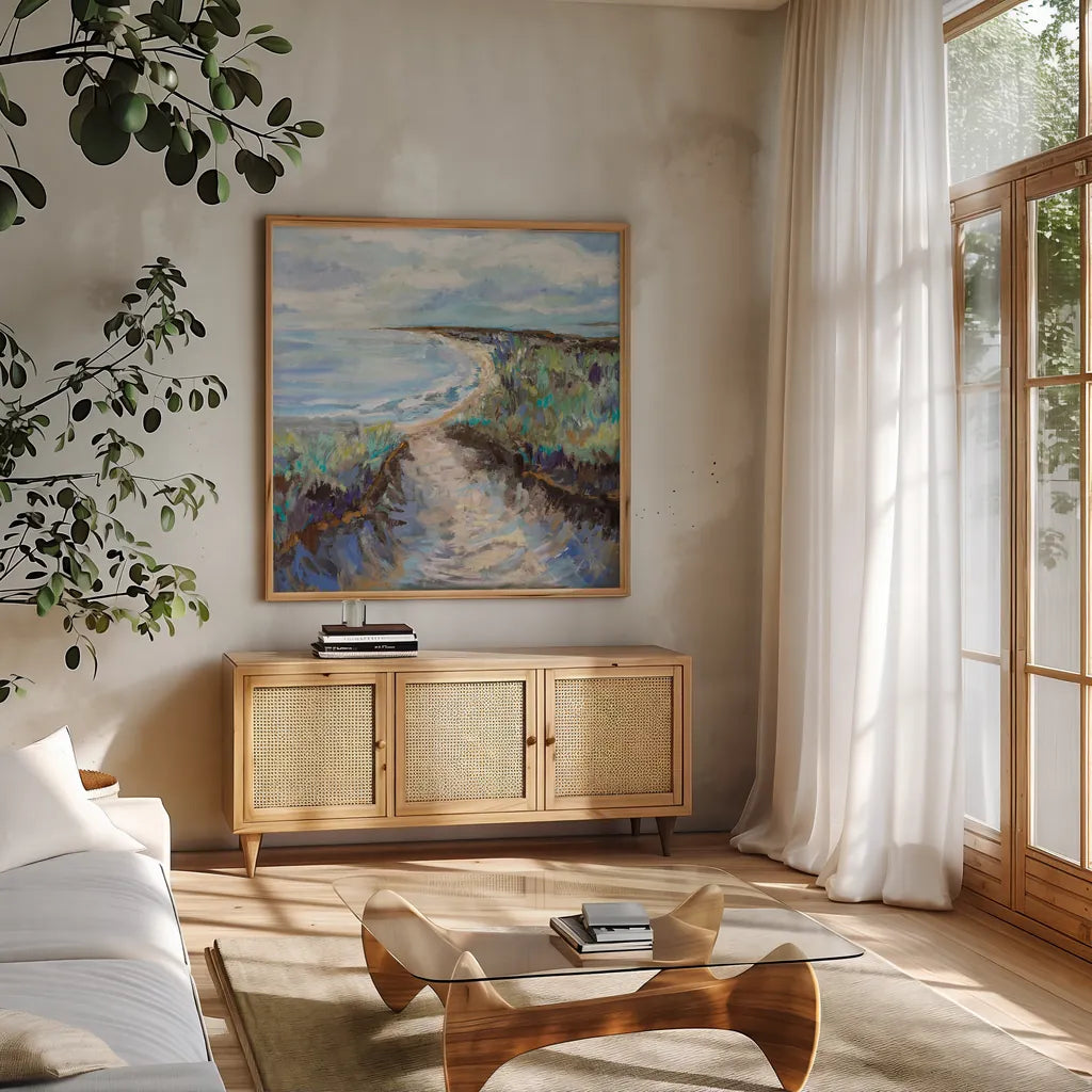 Winter Walk by Jeanette Vertentes. Shown in a natural wood frame in a cozy modern living room. Available as an archival giclee rolled canvas, fine art paper, or poster print. SKU 85011a.