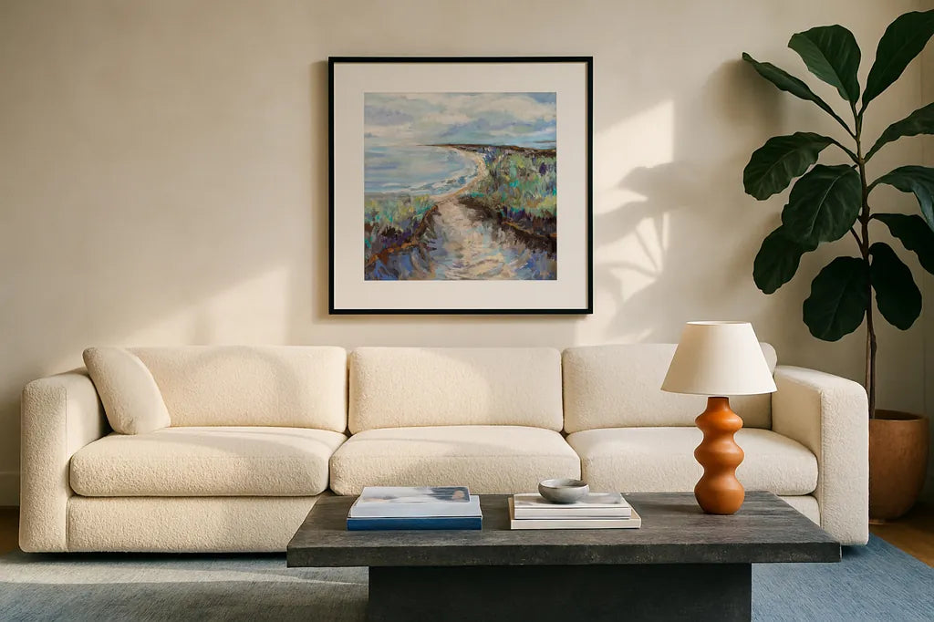 Winter Walk by Jeanette Vertentes. Displayed in a glass frame with matte in a clean modern living room. Available as an archival giclee rolled canvas, fine art paper, or poster print. SKU 85011a.