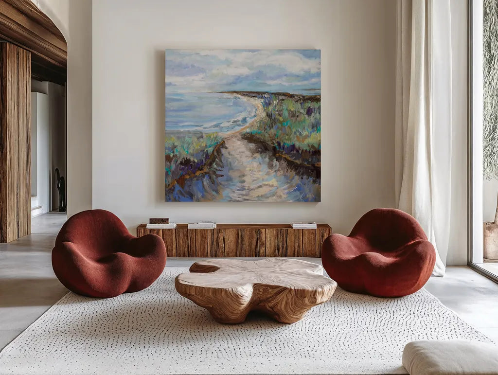 Winter Walk by Jeanette Vertentes. Shown as extra-large giant wall art in a modern living room. Available as an archival giclee rolled canvas, fine art paper, or poster print. SKU 85011a.