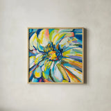 Zinnia by Jeanette Vertentes. Shown in a natural wood glass frame for a timeless modern aesthetic. Available as an archival giclee rolled canvas, fine art paper, or poster print. SKU 67253a.