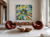 Zinnia by Jeanette Vertentes. Shown as extra-large giant wall art in a modern living room. Available as an archival giclee rolled canvas, fine art paper, or poster print. SKU 67253a.
