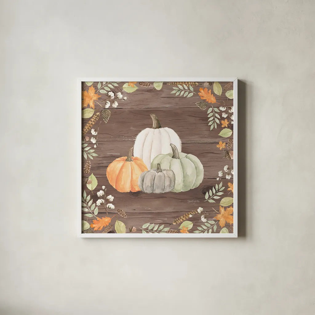 Autumn Offering I Dark by Jenaya Jackson. Shown in a crisp white glass frame for a clean and minimalist style. Available as an archival giclee rolled canvas, fine art paper, or poster print. SKU 38715a.