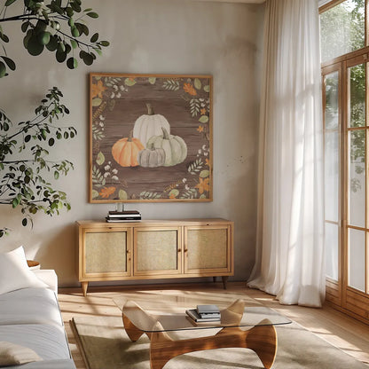 Autumn Offering I Dark by Jenaya Jackson. Shown in a natural wood frame in a cozy modern living room. Available as an archival giclee rolled canvas, fine art paper, or poster print. SKU 38715a.