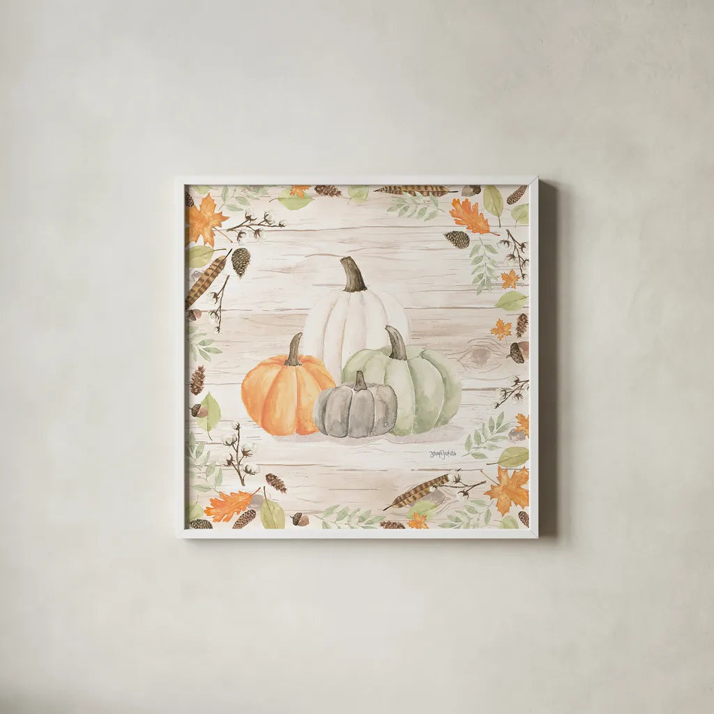 Autumn Offering I Light by Jenaya Jackson. Shown in a crisp white glass frame for a clean and minimalist style. Available as an archival giclee rolled canvas, fine art paper, or poster print. SKU 38717a.