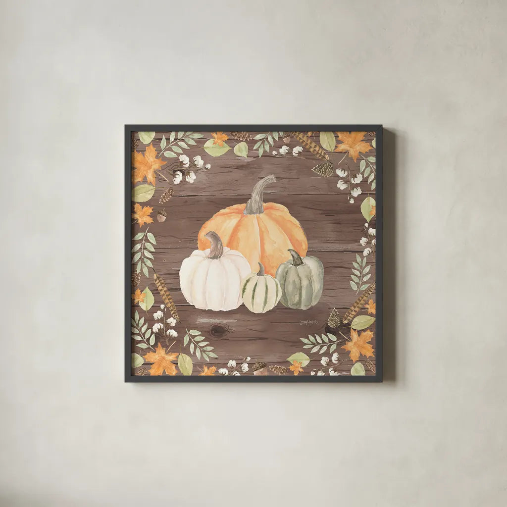Autumn Offering II Dark by Jenaya Jackson. Shown in a sleek black glass frame for a contemporary gallery look. Available as an archival giclee rolled canvas, fine art paper, or poster print. SKU 38716a.